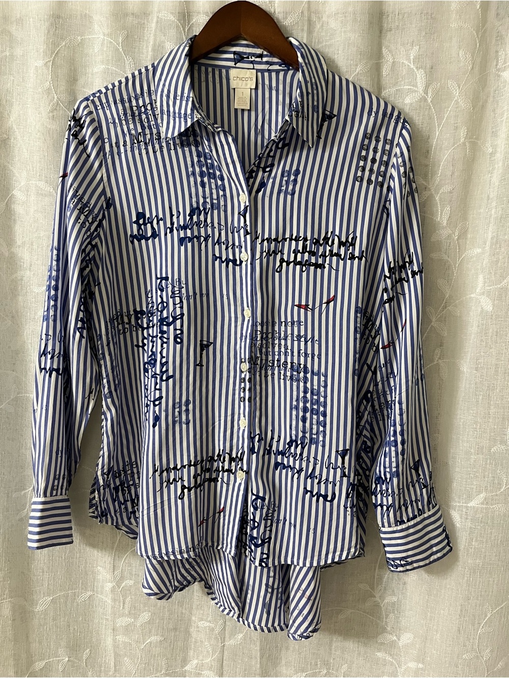 Chico's Navy & White Striped Script-Print Button Shirt